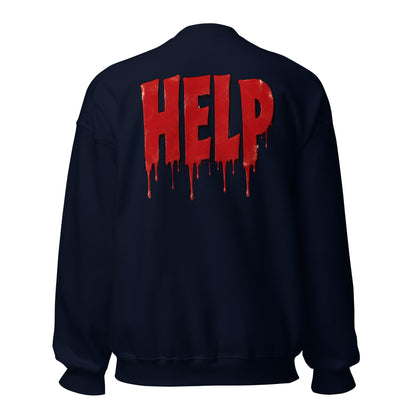 Sudadera azul marino con diseño HELP en rojo y efecto goteante de estilo horror vintage