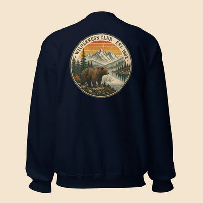 Sudadera azul marino con estampado trasero Wilderness Club oso y montañas Melian Vintage
