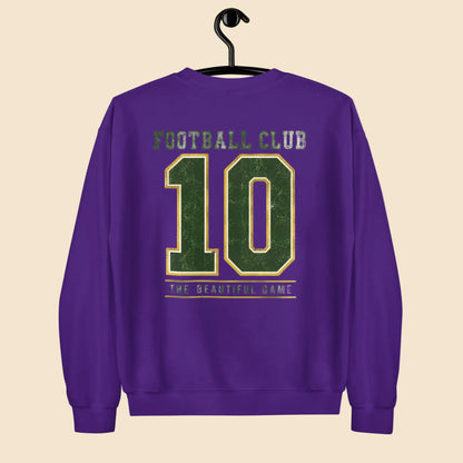 Vista frontal de sudadera morada básica colgada en una percha con gráfica deportiva.