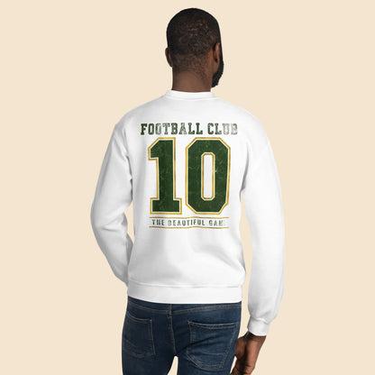 Hombre de espaldas luciendo sudadera blanca deportiva con dorsal 10 vintage.
