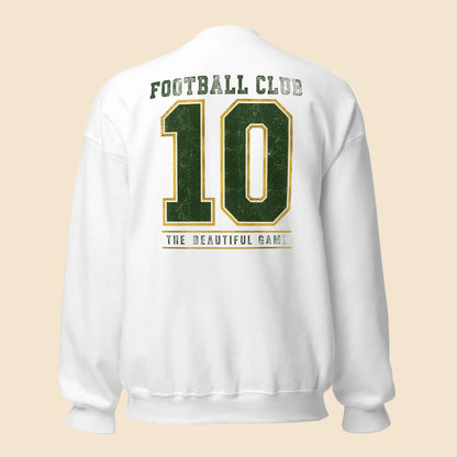 Sudadera blanca de cuello redondo con diseño retro Football Club 10 en la espalda.
