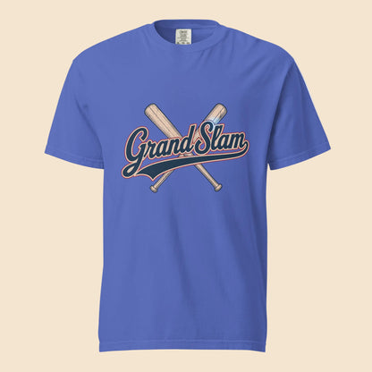 Camiseta azul de aspecto lavado y algodon grueso con diseño vintage de beisbol Grand Slam y bates cruzados.