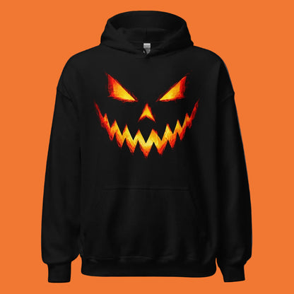 Sudadera negra con capucha y diseño frontal de calabaza de Halloween iluminada en naranja y amarillo
