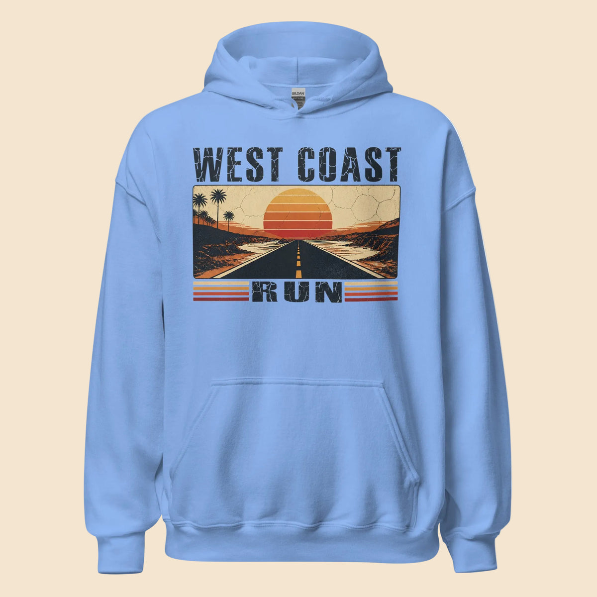 Sudadera con capucha azul claro con diseño retro de atardecer West Coast Run.
