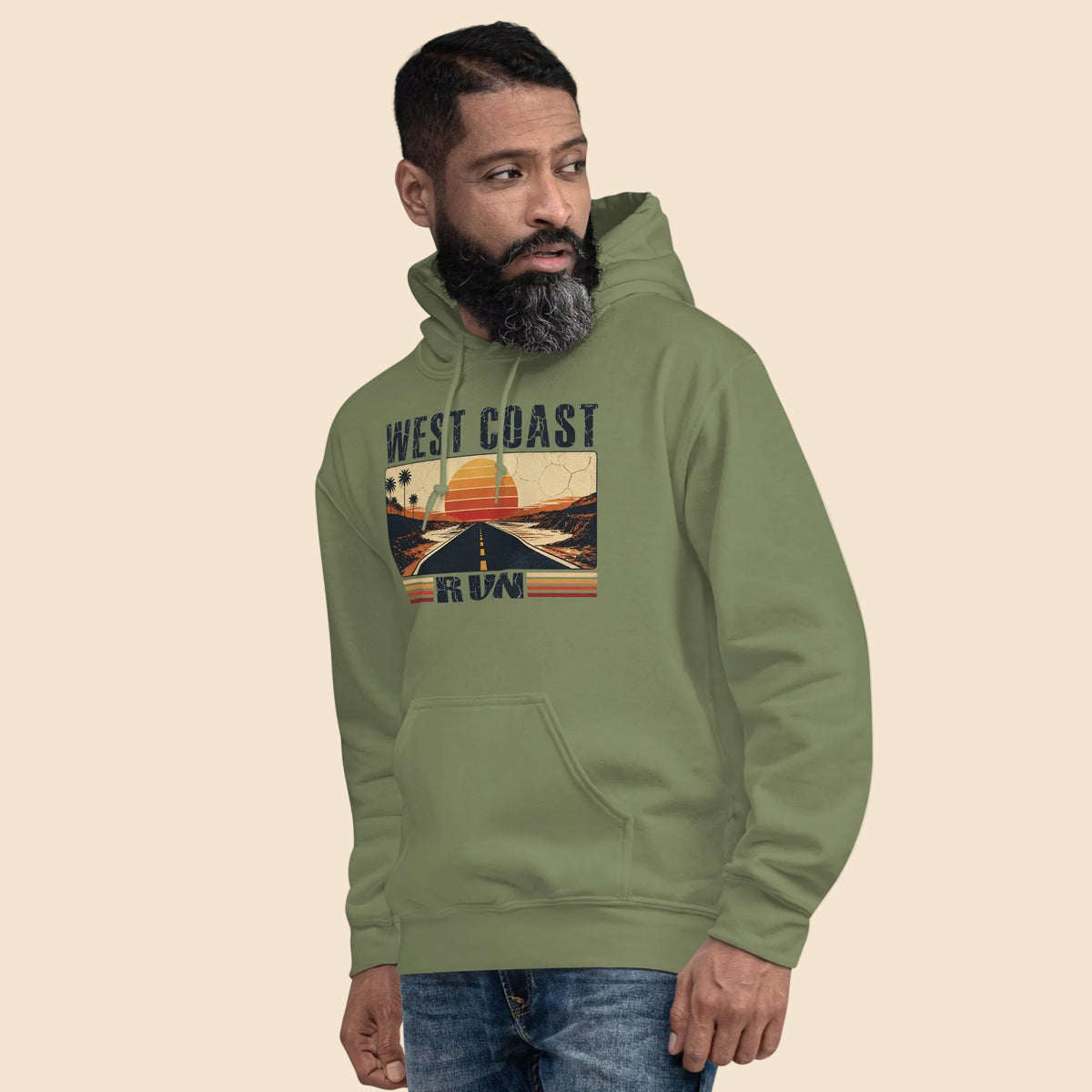 Sudadera con capucha azul claro con diseño retro de atardecer West Coast Run.