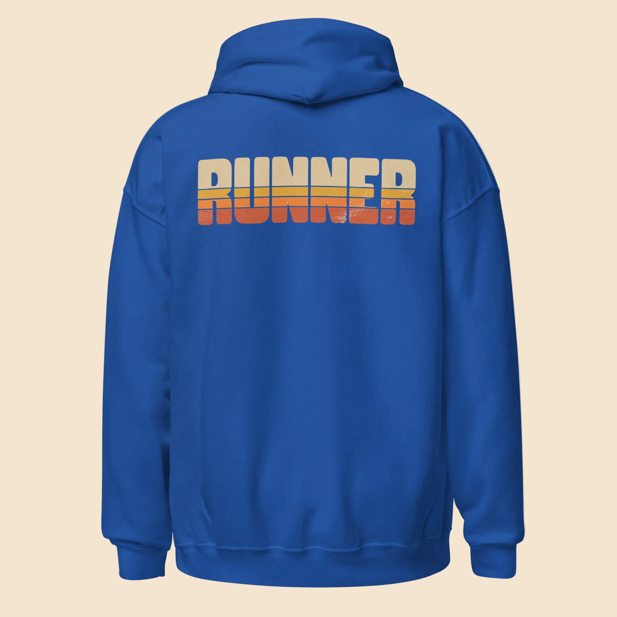 Sudadera con capucha azul con diseño retro Runner de los años 80 en la espalda.