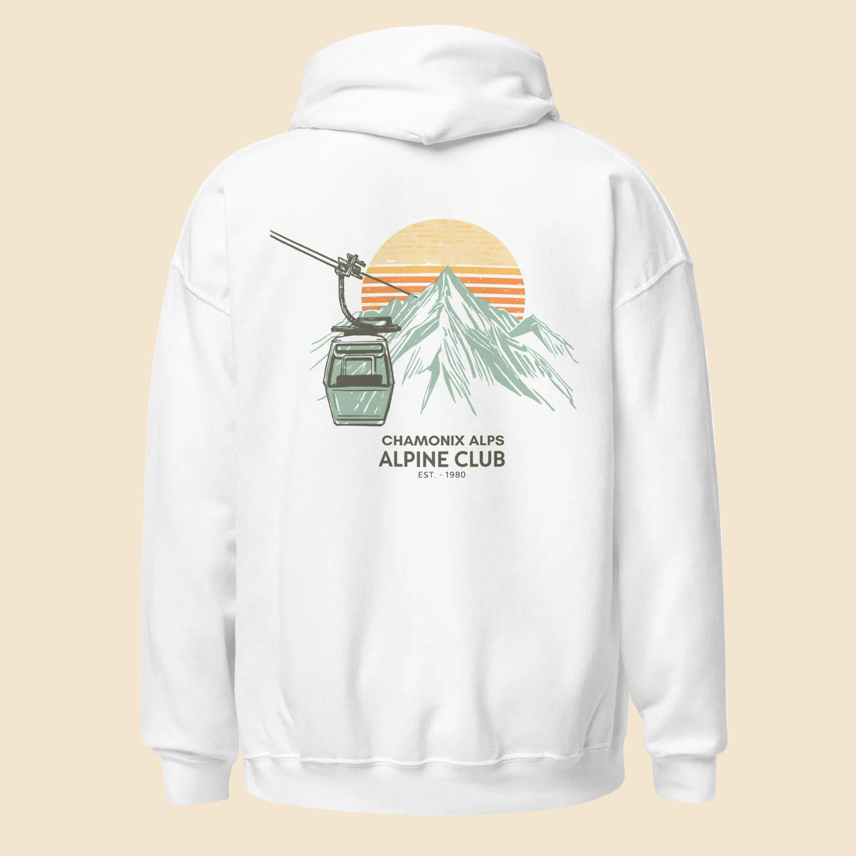 Sudadera con capucha blanca con diseño retro de esquí Chamonix Alpine Club.