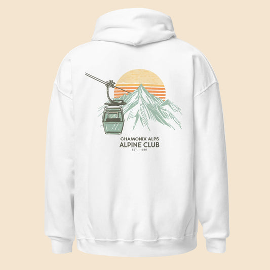 Sudadera con capucha blanca con diseño retro de esquí Chamonix Alpine Club.