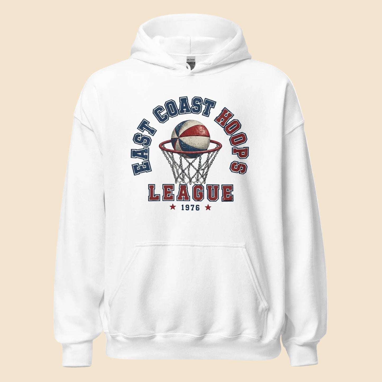 Sudadera con capucha blanca con diseño universitario frontal East Coast Hoops.