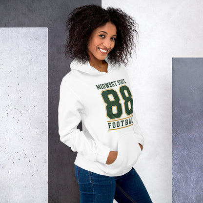 Mujer luciendo sudadera deportiva blanca con diseño clásico de los años 80.