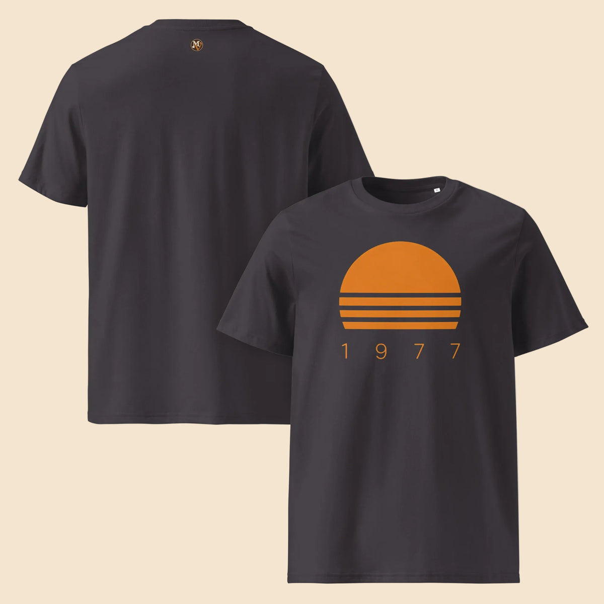 Camisetas gris oscuro con estampado geométrico de atardecer retro de 1977
