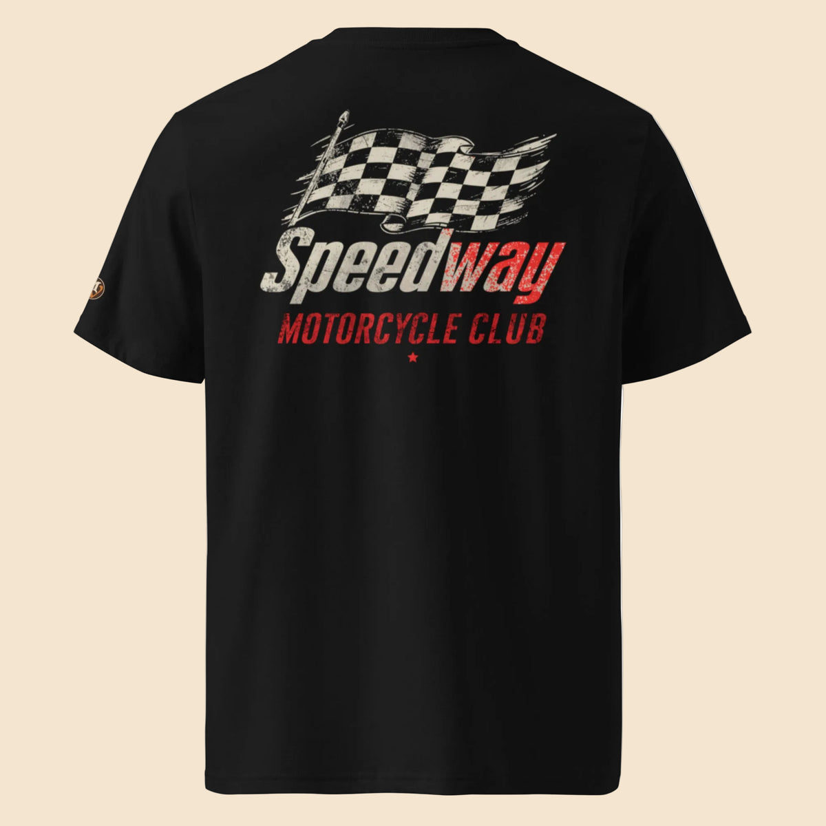 Camiseta negra de algodón orgánico con diseño de carreras y bandera de cuadros Speedway Melian Vintage
