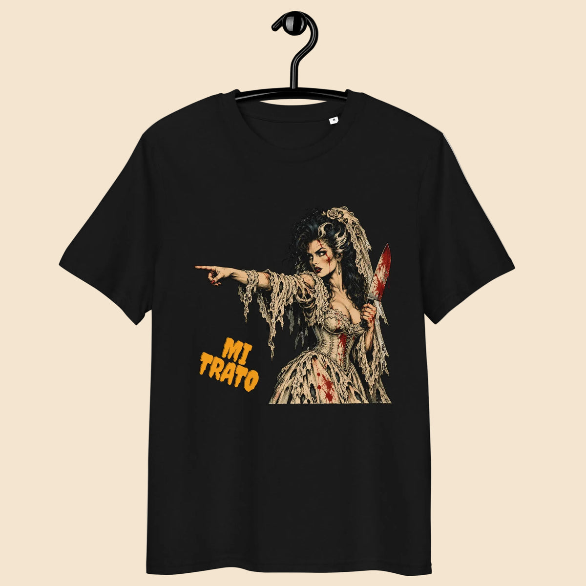 Camiseta negra sostenible de corte unisex con gráfico de Halloween Mi Trato
