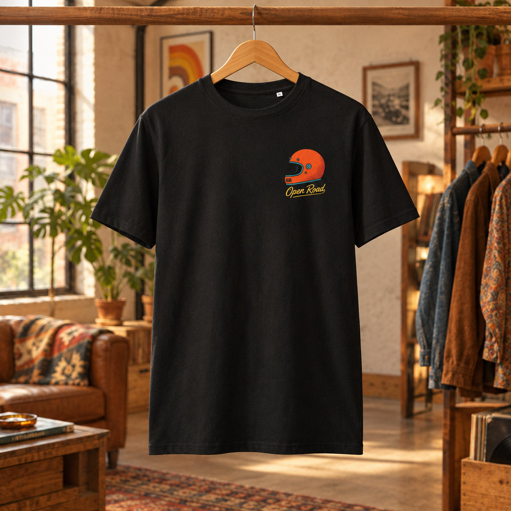 Camiseta negra de algodón orgánico con gráfico de casco retro Open Road Melian Vintage
