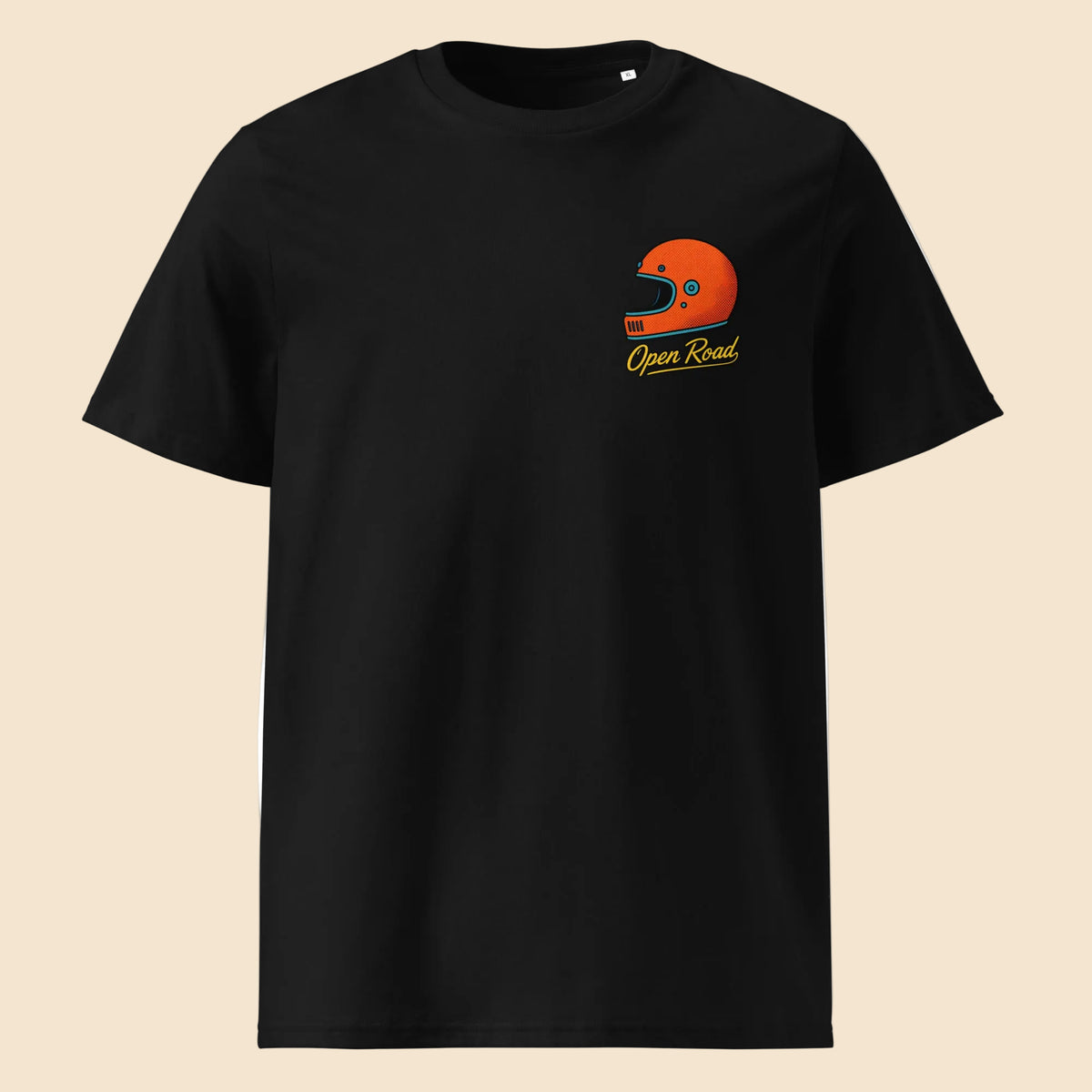 Camiseta negra de algodón orgánico con gráfico de casco retro Open Road Melian Vintage
