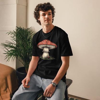 Hombre vistiendo camiseta negra unisex con ilustración vintage de seta roja
