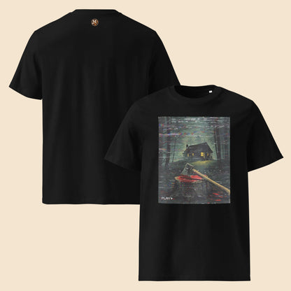 Camisetas negras sostenibles con ilustración de cabaña y hacha ensangrentada
