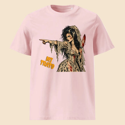 Camiseta rosa de algodón orgánico con gráfico de novia terror retro Mi Trato Melian Vintage
