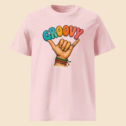 Camiseta rosa de algodón orgánico con gráfico setentero Groovy Shaka Melian Vintage
