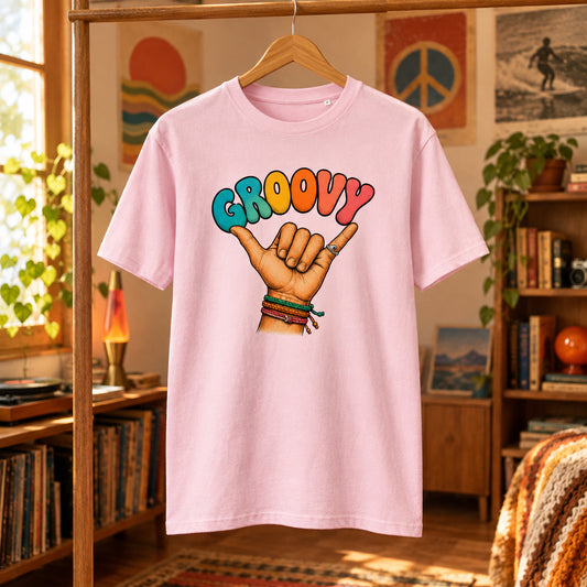 Camiseta rosa de algodón orgánico con gráfico setentero Groovy Shaka Melian Vintage

