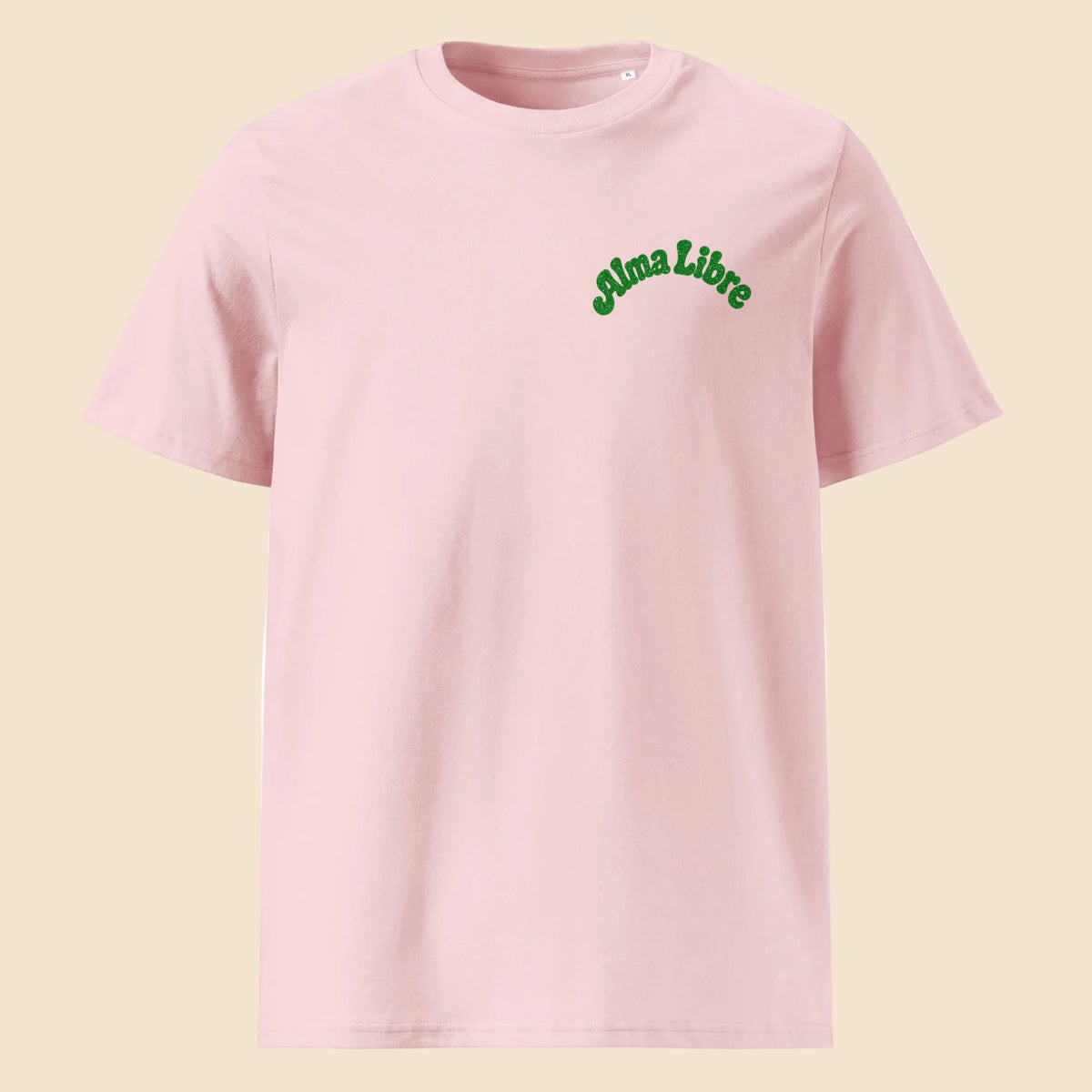 Camiseta rosa pastel de algodón orgánico con tipografía curva Alma Libre Melian Vintage
