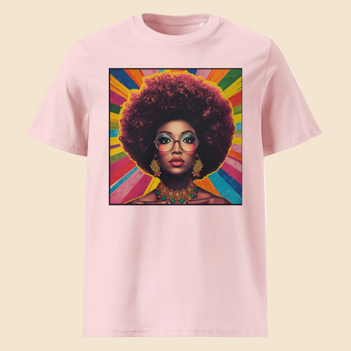 Camiseta rosa de algodón orgánico con ilustración pop art de mujer afro Soul Diva Melian Vintage