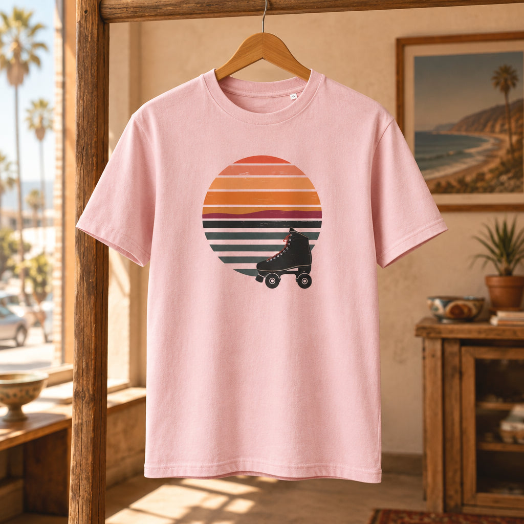 Camiseta rosa pastel de algodón orgánico con gráfico de patín retro Roller Disco Melian Vintage
