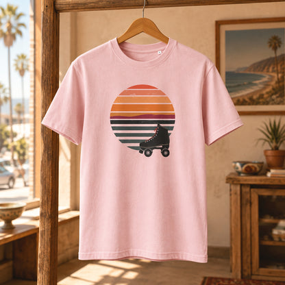Camiseta rosa pastel de algodón orgánico con gráfico de patín retro Roller Disco Melian Vintage
