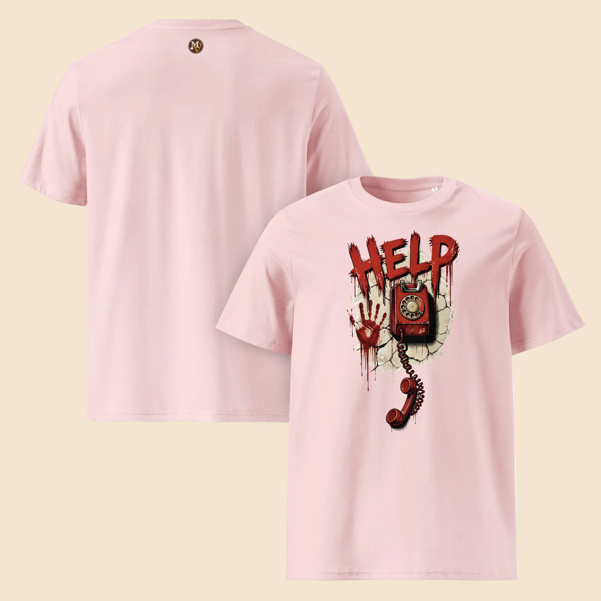Camiseta rosa estampada con ilustración de teléfono de disco y sangre estilo años 80
