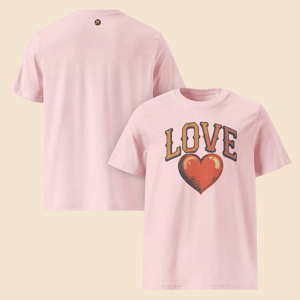 Camisetas rosa pastel con ilustración de corazón retro y texto LOVE
