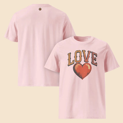 Camisetas rosa pastel con ilustración de corazón retro y texto LOVE
