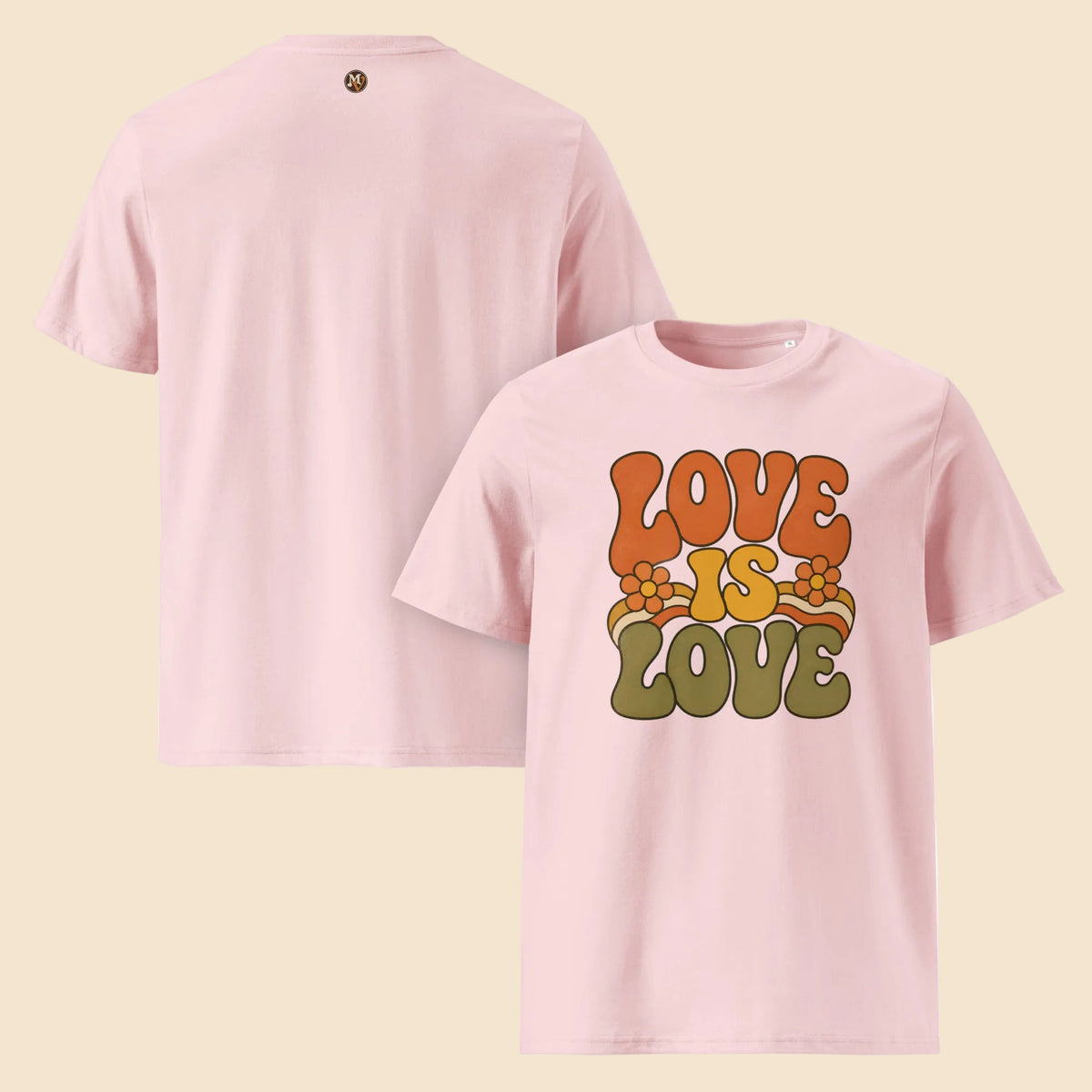 Camisetas rosa pastel con ilustración setentera de flores arcoíris y texto Love is Love
