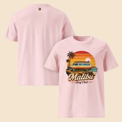 Camisetas rosa pastel de algodón sostenible con ilustración clásica de surf en Malibú
