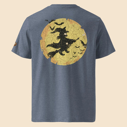 Camiseta azul jaspeada de algodón orgánico con diseño de bruja y luna vintage Midnight Witch Melian Vintage
