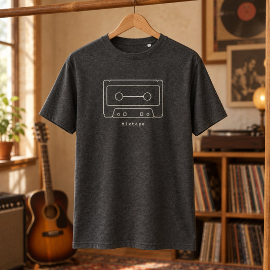 Camiseta negra de algodón orgánico con diseño minimalista de casete Mixtape Melian Vintage
