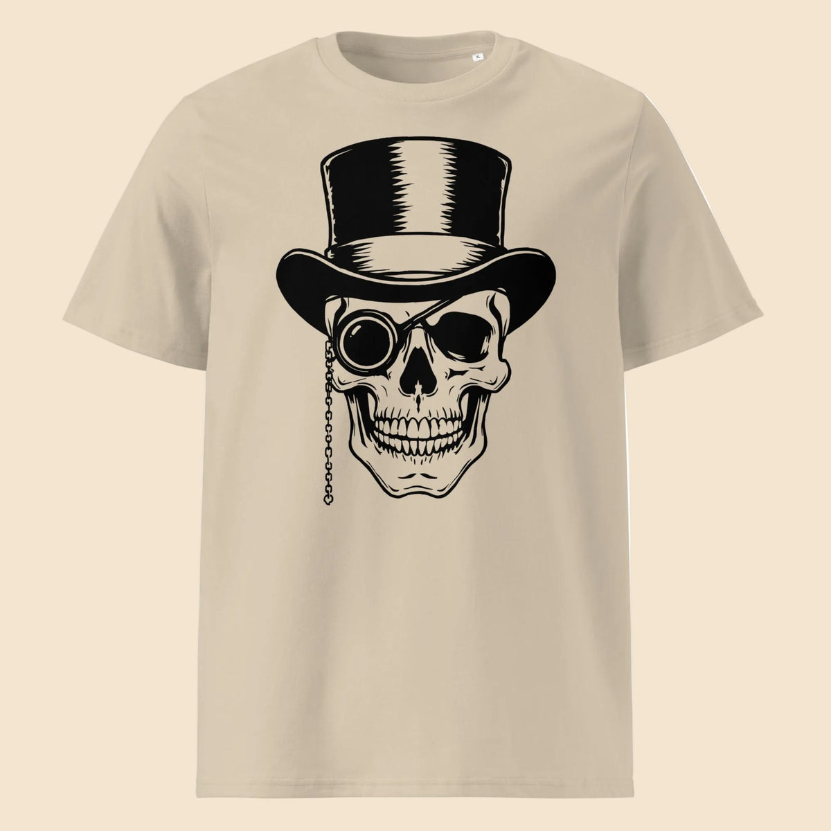 Camiseta beige unisex de algodón orgánico con ilustración de calavera victoriana con sombrero de copa Melian Vintage
