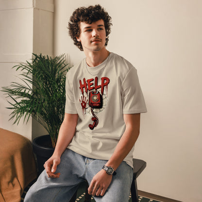 Hombre con camiseta de algodón sostenible diseño teléfono vintage sangriento
