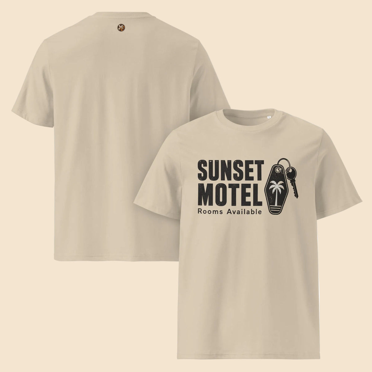 Camisetas beige de algodón orgánico con estampado de llavero de motel vintage
