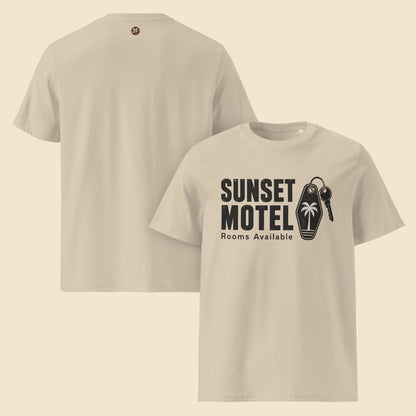 Camisetas beige de algodón orgánico con estampado de llavero de motel vintage
