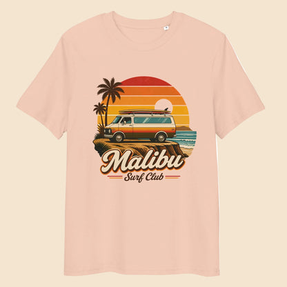Camiseta color melocotón con estampado retro de furgoneta surfera y atardecer de los 70
