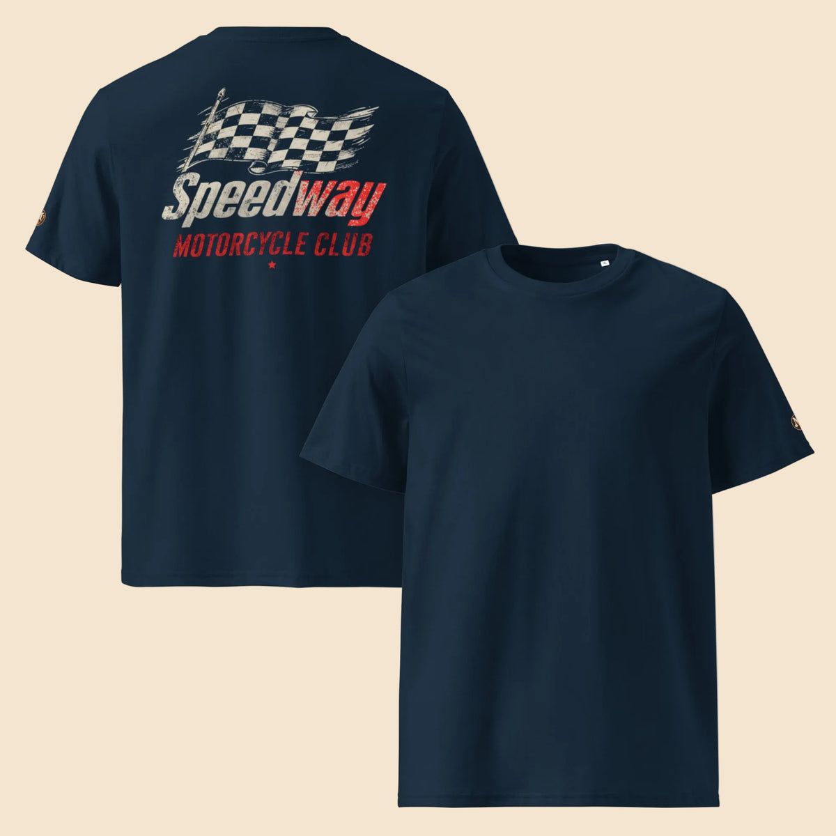 Product Camisetas azul marino con ilustración retro de motor y bandera a cuadros
