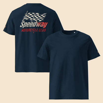 Product Camisetas azul marino con ilustración retro de motor y bandera a cuadros

