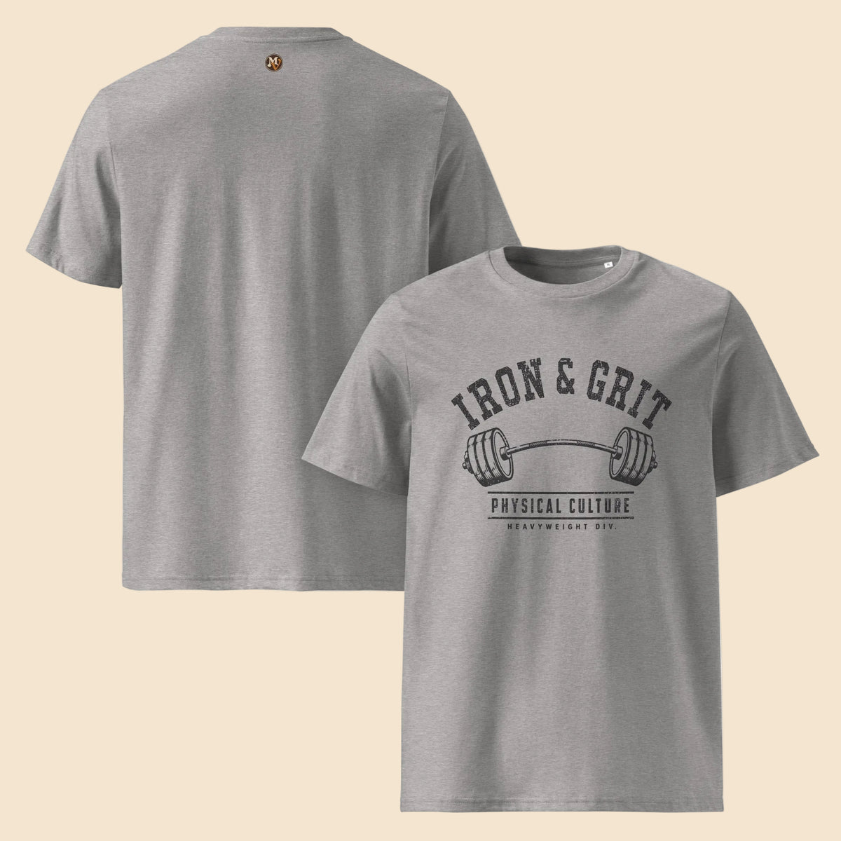 Camisetas grises de algodón sostenible con ilustración vintage de barra de pesas
