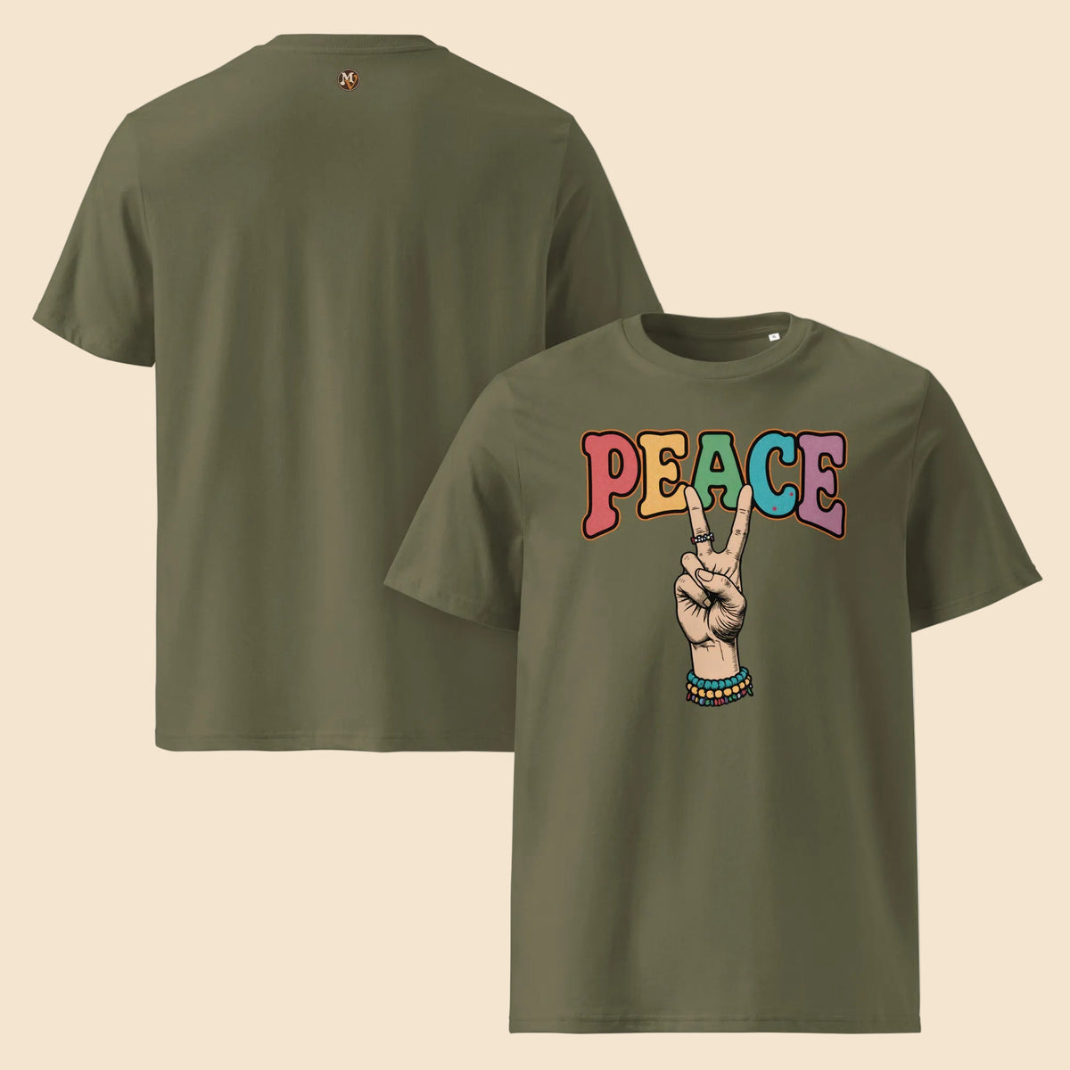 Camisetas verde caqui con diseño retro de los años 70 y letras Peace multicolor
