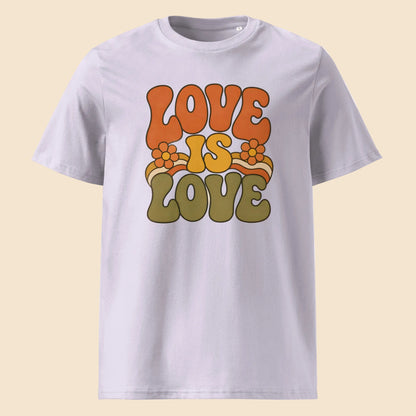 Camiseta color lavanda de algodón orgánico con gráfico setentero Love is Love Melian Vintage