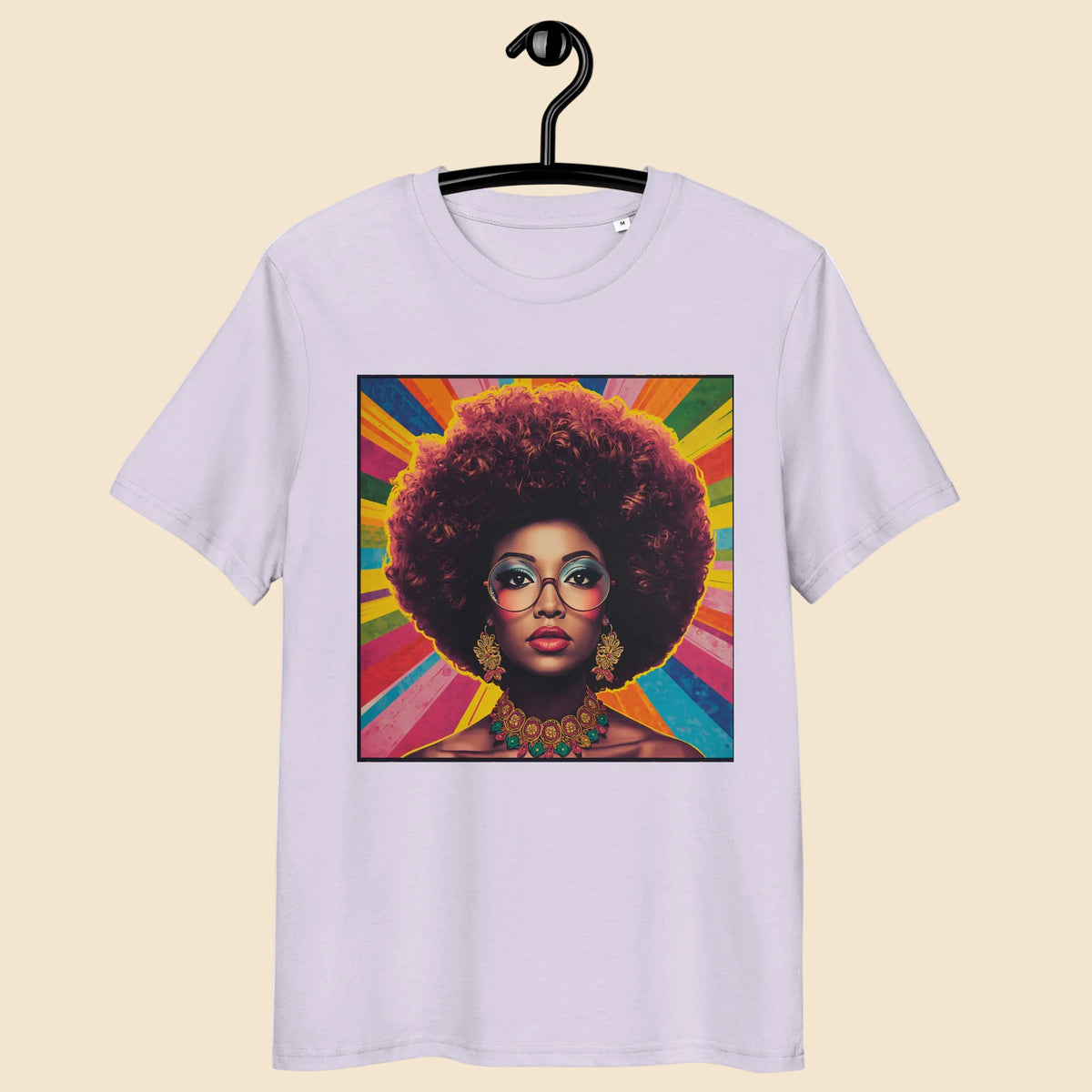 Camiseta lavanda con estampado gráfico multicolor de música vintage

