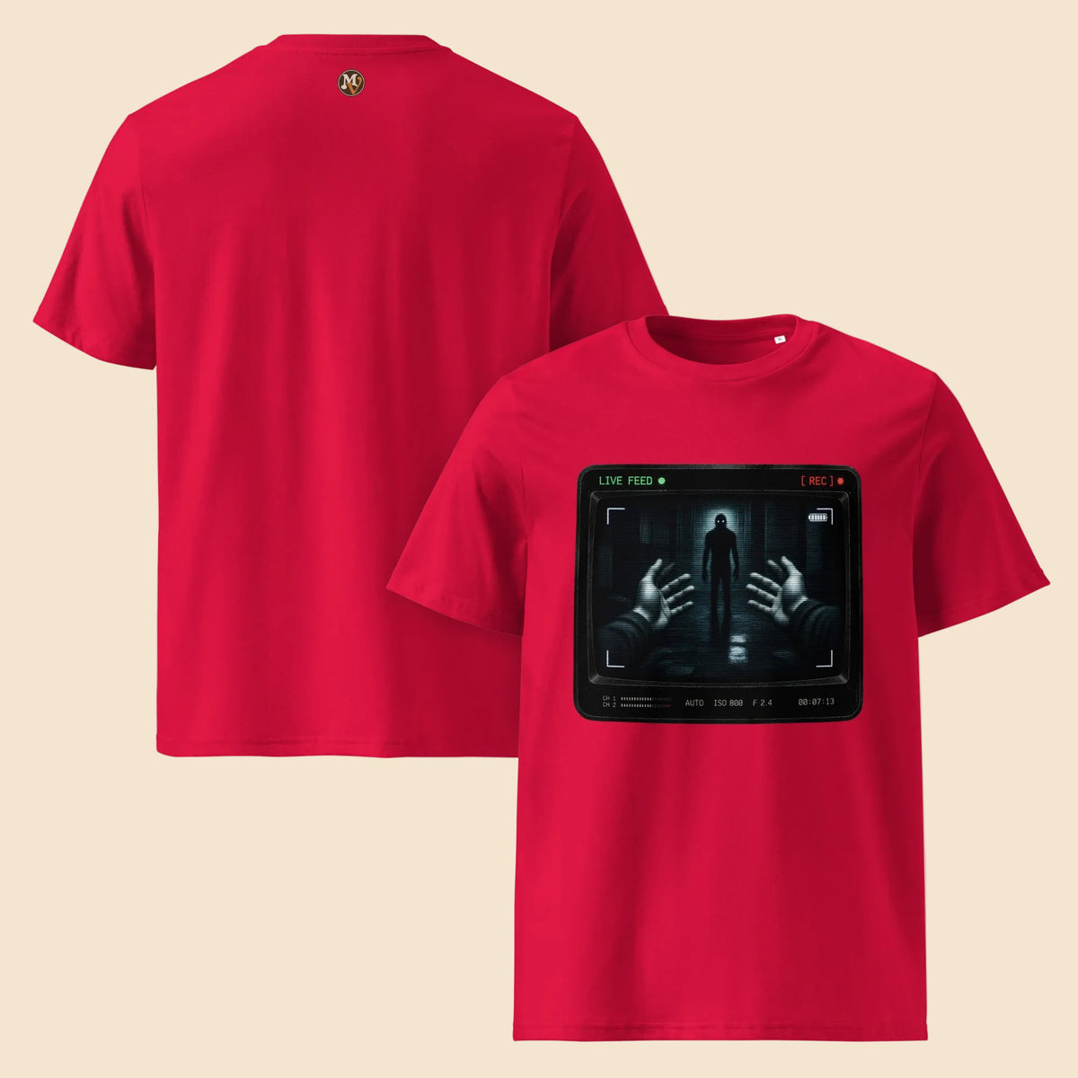 Camiseta roja de algodón orgánico con gráfico de misterio retro Halloween

