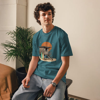 Look casual costero con camiseta unisex diseño atardecer retro en la playa

