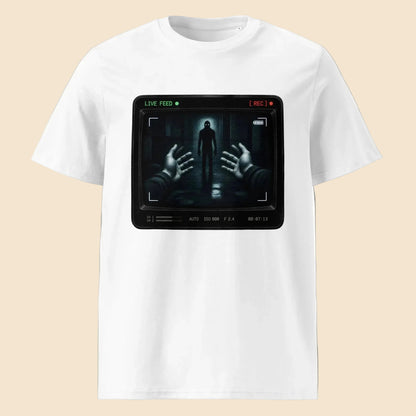 Camiseta blanca unisex de algodón orgánico con diseño de terror retro Live Feed Melian Vintage
