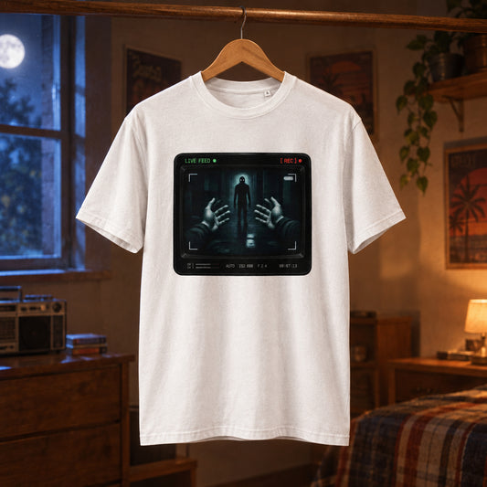 Camiseta blanca unisex de algodón orgánico con diseño de terror retro Live Feed Melian Vintage
